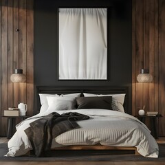 Empty picture frame on black wall in modern bedroom. Mock up interior in contemporary style. Free, copy space for your picture, poster. Bed, plants. 3D rendering ai generated 