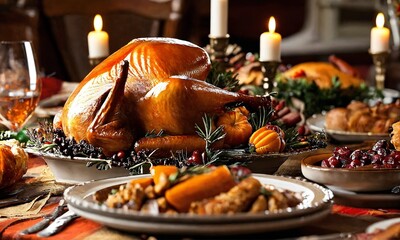 Roasted Christmas Chicken or Turkey for Christmas Dinner. Festive decorated wooden table for Christmas Dinner with baked chicken,