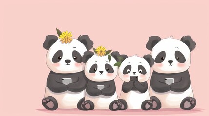 Panda family with smartphones and yellow flower decorations sitting together
 - obrazy, fototapety, plakaty