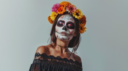 Hermosa mujer con maquillaje de calavera del Día de los Muertos