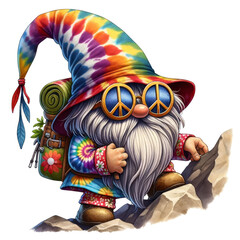 A whimsical gnome in a hippie-style tie-dye outfit and peace sunglasses, with long hair obscuring the face except for the nose and mouth, now mountain climbing. The gnome's large hat completely covers