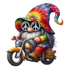 A whimsical gnome in a hippie-style tie-dye outfit and peace sunglasses, with long hair obscuring the face except for the nose and mouth, now riding a motorcycle. The gnome's large hat completely cove