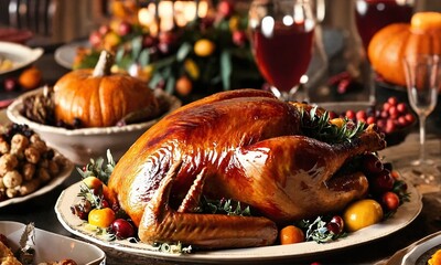 Thanksgiving dinner. Roasted turkey garnished with cranberries on a rustic style table decoraded with pumpkins, vegetables, pie, flowers and candles