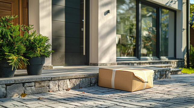The parcel is standing near the door of the house