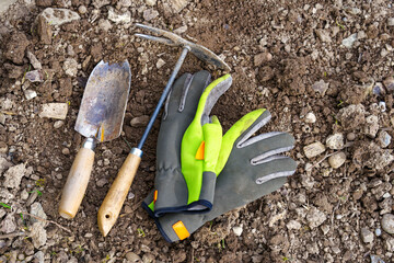 High angle view of small shovel, small hoe and gardening gloves at vegetable bed of home garden at...