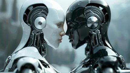 Fototapeta premium AI robots in a tense standoff with human forces, high adrenaline, vivid clarity, HD, no noise