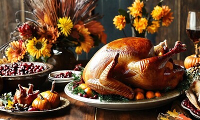 Thanksgiving dinner. Roasted turkey garnished with cranberries on a rustic style table decoraded with pumpkins, vegetables, pie, flowers and candles