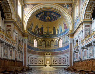 The apse of the Archbasilica of Saint John Lateran (Basilica di San Giovanni in Laterano) and papal chair. Major Papal. Lateran Basilica or Saint John Lateran. Rome