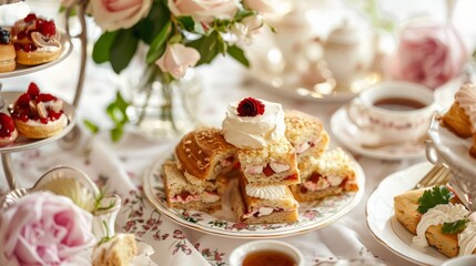Obraz na płótnie Canvas Closeup shot of a classic British high tea setup featuring an assortment of delicate finger sandwiches, scones with clotted cream and jam, and a selection of fine teas The table is covered in a white