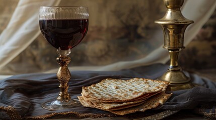 passover celebration with glass of rich red wine and traditional matzah bread