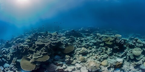 broken coral reef underwater photography in the deep blue ocean.
