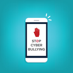 Stop Cyberbullying. Mobile phone with message to stop hurting the mind of others through social media. Vector illustration.	