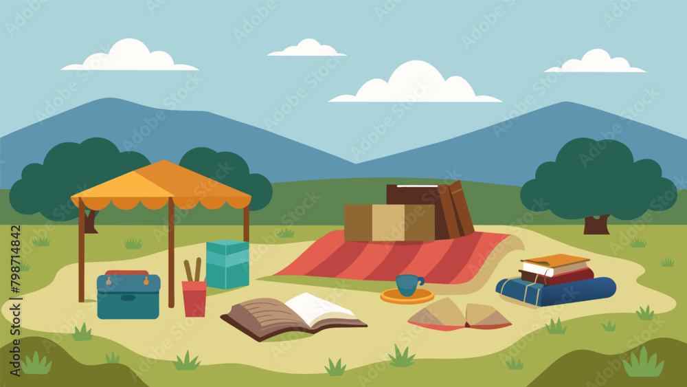 Poster A makeshift library has been set up in a field with old blankets spread out on the ground and a variety of books available for people to read and. Vector illustration