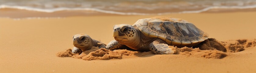Obraz premium A large sea turtle and her hatchling make their way to the ocean.