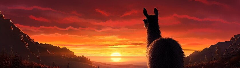 A llama standing on a hilltop at sunset.
