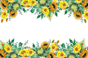 Sunflowers, elegant bouquets with greenery and eucalyptus branches. Hand drawn illustration in watercolor style. Templates for wedding invitations, birthday, anniversary