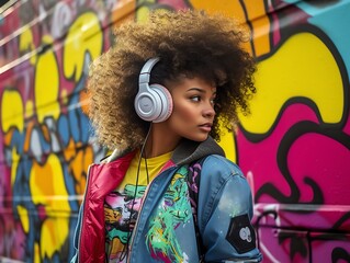 Confident beautiful young woman with afro hairstyle listening to music with headphones in front of...