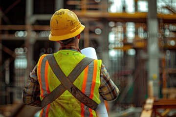 worker wearing a yellow hard hat, viewed from behind as they gaze out over an active job site