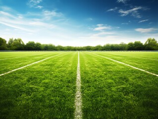 Green grass field with white lines marking the boundary of a soccer field under blue sky with white clouds.