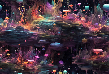 A deep forest landscape at night glowing plants, Avatar pandora forest in deep space, magic, alien forest, outer world plantation, vibrant colors, white background, magic splash, Generative Ai.