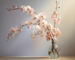 Orchid flowers in a glass vase on a wooden table. The delicate and graceful orchid is a symbol of...