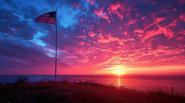 An evocative image of the USA flag at half-mast against the backdrop of a solemn sunset, commemorating Memorial Day and Veterans Day with respect and dignity.