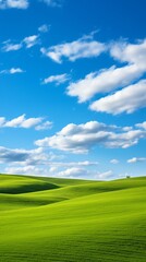 Fototapeta premium The image shows a beautiful landscape with green hills and a blue sky. The image is very calming and peaceful.