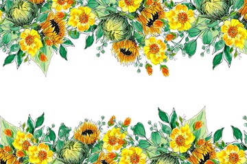 Sunflowers, elegant bouquets with greenery and eucalyptus branches. Hand drawn illustration in watercolor style. Templates for wedding invitations, birthday, anniversary