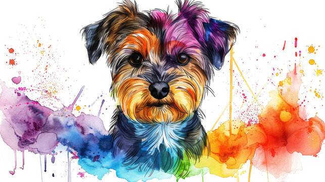 A watercolor painting of a Yorkshire Terrier with a colorful background.