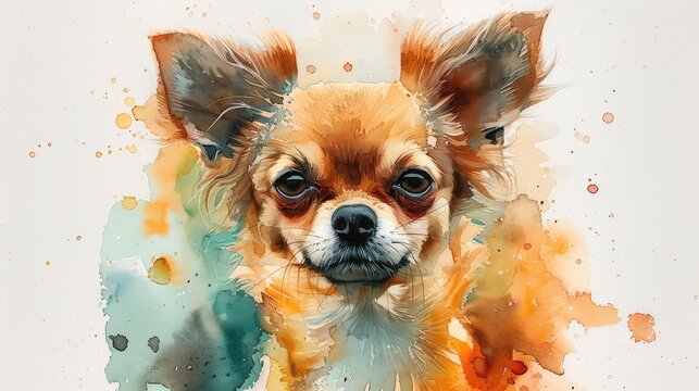 Watercolor painting of a chihuahua with paint splatters.