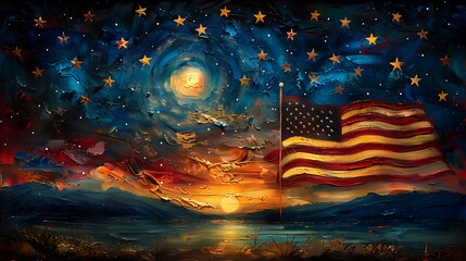 The stripes of the USA flag artistically blending into a Van Gogh-inspired starry night sky, creating a masterpiece that combines American patriotism with timeless art.