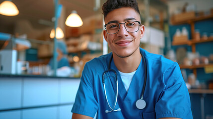 Confident young male nurse in a clinic.