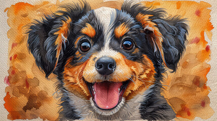 Watercolor painting of a cute puppy looking happy with its mouth open and pink tongue hanging out.