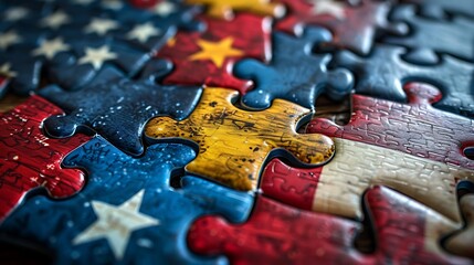 The USA flag artistically rendered with interlocking puzzle pieces, illustrating the concept of unity in diversity among American citizens.
