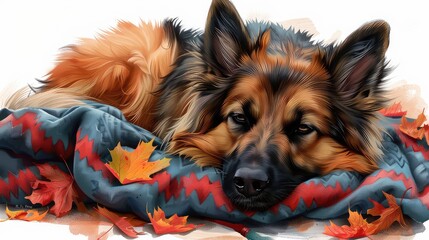 A beautiful long-haired German Shepherd dog is lying on a blanket with a pattern of red maple leaves. The dog has a calm expression on its face and is looking to the side. 