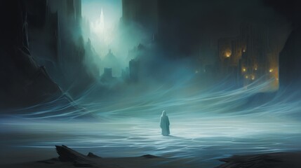 Mysterious ghostly figure before an ancient city in a foggy, ethereal landscape