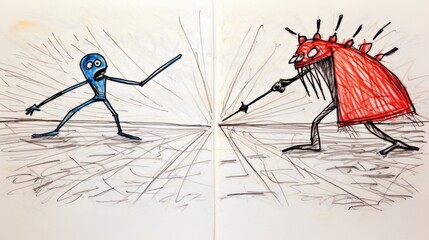 Stick figure knight and creatures battle drawn across an open sketchbook
