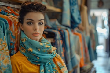 Fototapeta na wymiar Woman in a silk scarf at the market. Textile colors