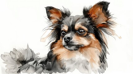 Watercolor painting of a long-haired chihuahua looking up with big eyes.