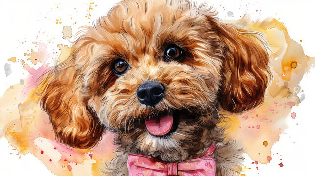 A cute watercolor painting of a poodle with a pink bow tie on a white background with paint splatters.