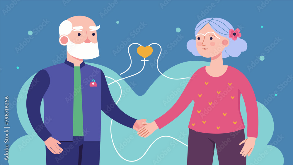 Poster an elderly man holding his partners hand while their neurological implants synchronize indicating a 