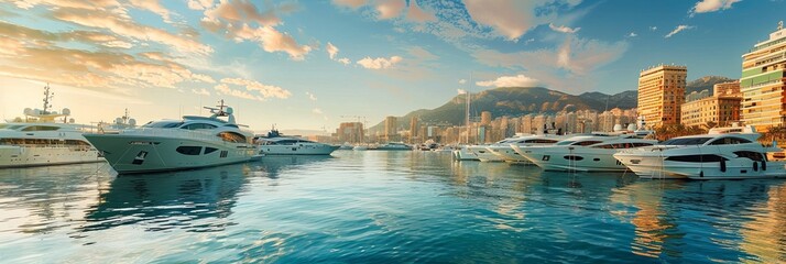 yachts moored in the port, against the backdrop of the city coastline. - obrazy, fototapety, plakaty