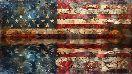 An artistic rendition of the USA flag reflected on a polished surface, offering a mirrored perspective that encourages introspection about freedom.