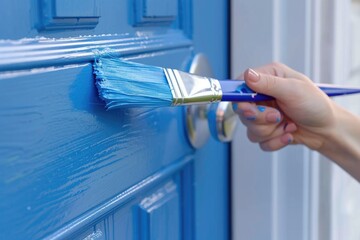 Painting Door. Female Hand holding paint brush to Paint Front Door in Blue Latex Coat
