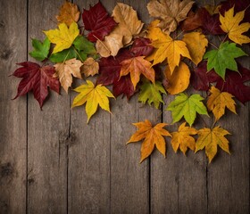 Obraz premium Colorful autumn leaves on rustic wooden background 