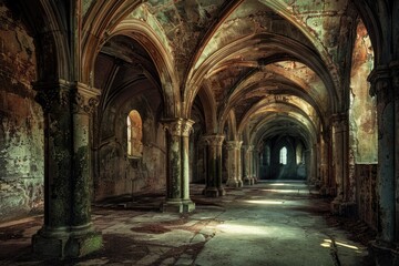 Fototapeta na wymiar Ancient Church. Interior Architecture of Old Cathedral with Gothic Arches