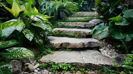 Stone steps surrounded by lush greenery