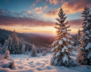 Majestic sunset in the winter mountains landscape. Dramatic wintry scene. Carpathian, Ukraine, Europe. Beauty world.