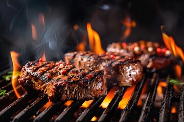 Grill Meat. Flaming Grill Cooking Appetizing Steaks - Beef Barbecue in Summer