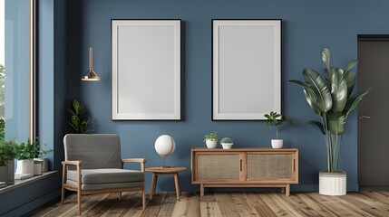 Living room interior with panoramic window, two white poster, blue armchair, closet, laptop and oak wooden parquet floor. Perfect place for relaxation. Concept of minimalist design. ai generated 